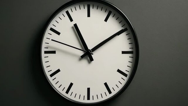 AI-generated of a closeup, time-lapse of a modern white wall clock hanging on a gray wall