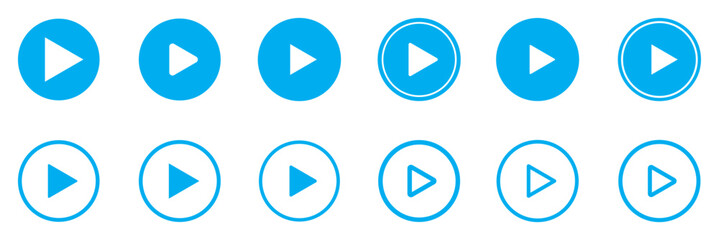 Play button icon set. Start audio or video action symbol. Video player concept. Blue Play button Icon. Elements for video player. Push, start, click or record button. video player icon in blue colour.