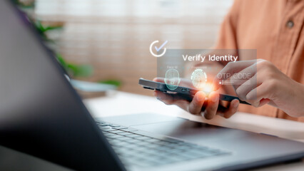 User verifying identity via smartphone using fingerprint, Face ID, or OTP code, representing secure digital authentication, online transaction safety, and fintech identity verification.