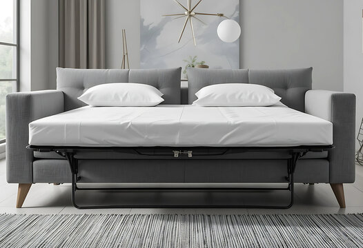 Convertible sleeper sofa bed in modern grey fabric Perspective view, transparent backdrop.