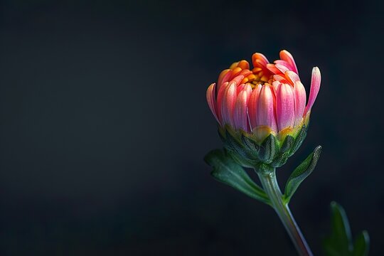 Pink Flower with green srem  Against Black Background