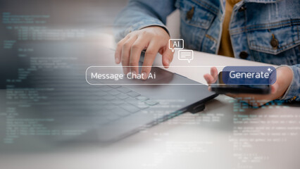 User interacting with AI chat interface on laptop and smartphone, symbolizing prompt generation,...