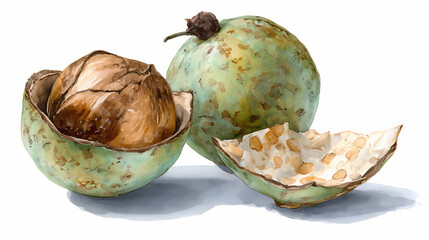 "Watercolor Clip Art of Candlenut Fruit – Whole and Halved Kukui Nuts with Shells and Green Leaves for Botanical, Culinary, and Natural Design Projects"

