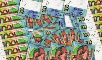Obraz premium Belarusian rubel BYN banknotes in a fan mosaic pattern 3d illustration