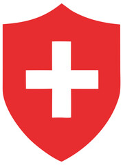 Fototapeta premium Red shield with white cross swiss symbol of protection and healthcare