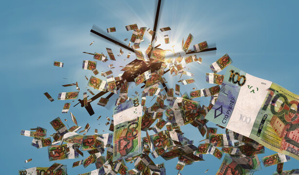 Belarusian rubel BYN 10000 banknotes helicopter money dropping 3d illustration