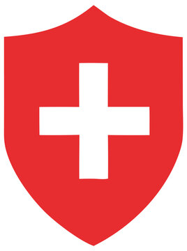 Red shield with white cross swiss symbol of protection and healthcare
