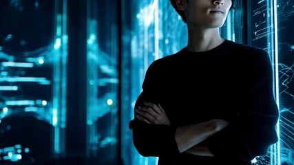 Young professional standing with arms crossed in front of glowing data display. Futuristic interface with lines of code and connections in cyberspace.