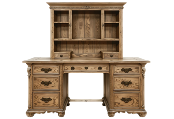 Vintage writing desk with hutch and drawers Transparent PNG, artistic grain.