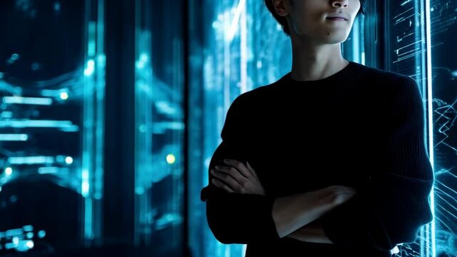 Young professional standing with arms crossed in front of glowing data display. Futuristic interface with lines of code and connections in cyberspace. - Powered by Adobe