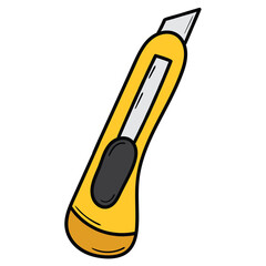 Hand drawn cartoon yellow utility knife box cutter on white background.