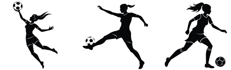 Obraz premium Female soccer players silhouettes in action graphic vector illustration isolated on white background