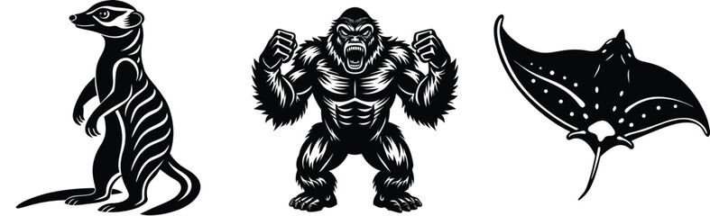 Fototapeta premium Meerkat gorilla and stingray in and white vector illustration animals wildlife nature design