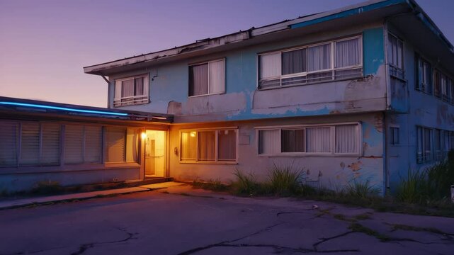 AI-generated of the exterior of a low-budget 70s motel at dusk with a yellow street lamp flickers