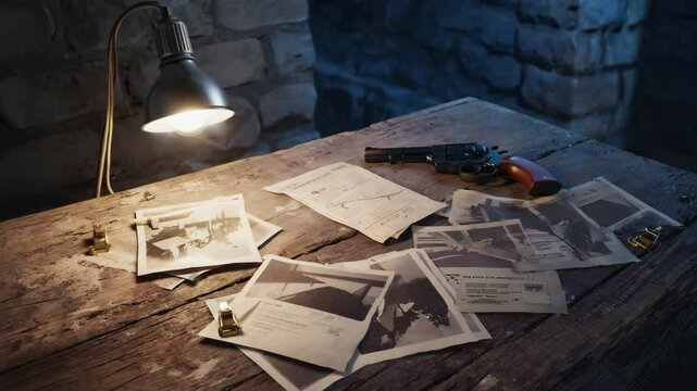 AI-generated of a long table lit by a single hanging bulb, holding a revolver and crime scene photos