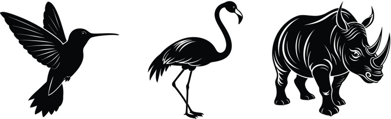 Fototapeta premium Silhouette of a hummingbird,flamingo,and rhinoceros vector illustration