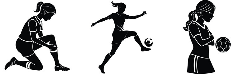 Fototapeta premium Silhouettes of female soccer players in action poses,training,injury and pondering game strategies