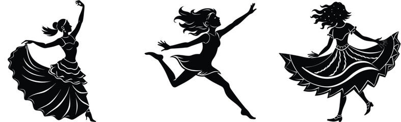 Three female dancers in motion silhouette performing different dance styles gracefully