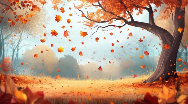 A majestic autumn tree with vibrant orange and red leaves falling, creating a serene and colorful autumnal scene