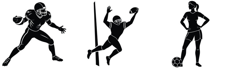 Vector illustration of football and soccer players in action and white silhouettes