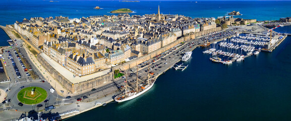aerial panoramic view of Saint -Malo , historic French port in Ille-et-Vilaine, Brittany. France travel and landmarks. drone view of old city and harbour