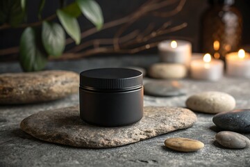 Matte Black Cosmetic Jar with Candlelight and Zen Spa Decor

