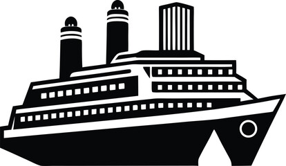 Obraz premium Black and white illustration of a large passenger ship with multiple decks and tall stacks