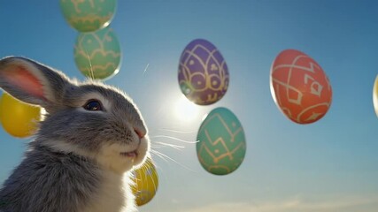 extreme close-up on realistic Easter bunny snout and whiskers, dramatic lens flare, colorful eggs arcing overhead, cinematic shallow focus, high detail 4K - Powered by Adobe