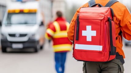 Fototapeta premium Emergency Medical Services Personnel with First Aid Backpack Outdoors