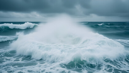 Fototapeta premium A large wave crashing on the ocean under a cloudy sky during a storm with rough sea conditions
