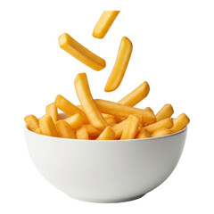 Crispy golden french fries falling into bowl