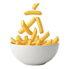 Crispy golden french fries falling into bowl