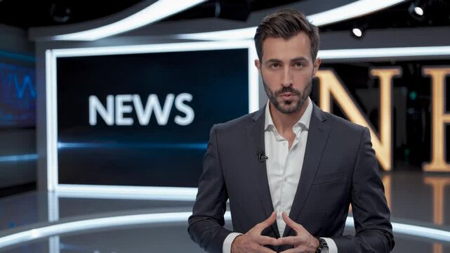 A professional news anchor stands confidently in a modern studio. The video captures him from a medium angle, emphasizing a sleek, informative style.