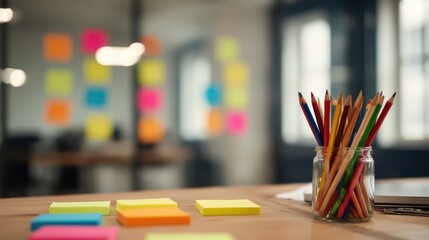 Obraz premium A creative workspace with colorful pencils and sticky notes on an office desk, symbolizing creativity