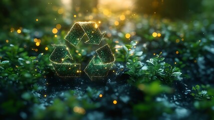Glowing recycling symbol amidst lush green foliage represents environmental conservation efforts photo