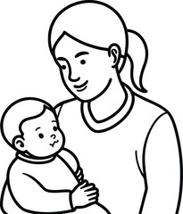 Line art illustration of a mother gently holding her infant child