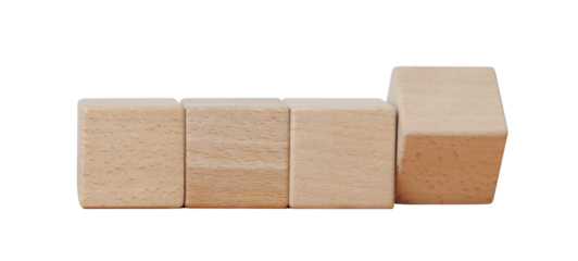 A row of empty square cube wooden blank blocks for mockup arrange in line with the last is flipping on the edge for changing value. Isolated cutout in transparent background.