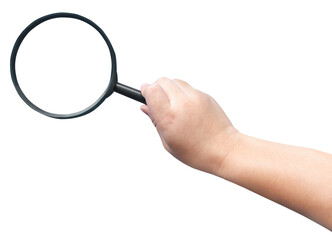 Child hand holding magnifying glass isolated cutout in transparent background.