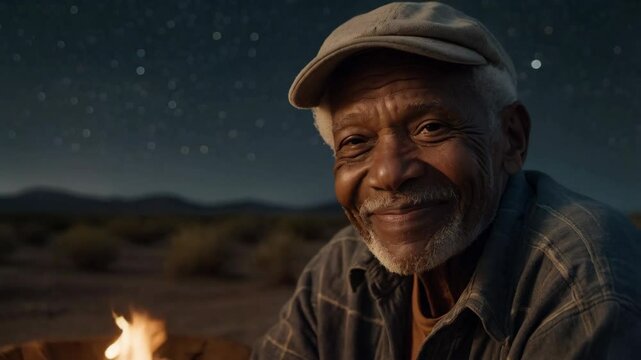 A cheerful Black man in a gray cap and plaid shirt enjoys a moment by the campfire, surrounded by a serene desert landscape illuminated by stars