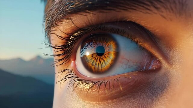 a close-up, high-definition shot of a human eye. with intricate radial patterns emanating from the dark pupil.