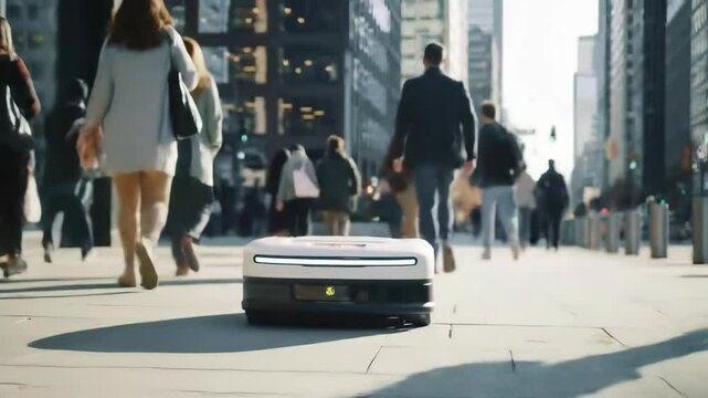 A delivery robot moves along a busy urban street. People of various ages and ethnicities walk past tall buildings in a modern city setting. The scene captures the essence of future technologies.