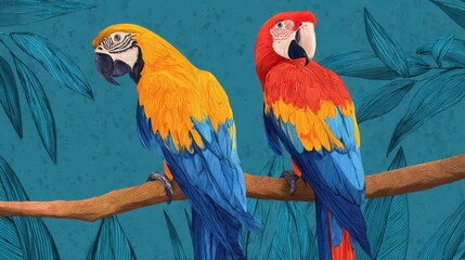 Obraz premium Two colorful parrots sitting on a branch in a tropical forest, a love concept