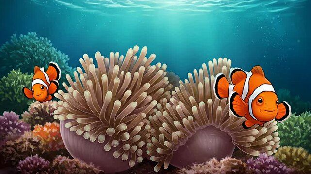 Two clownfish among coral and anemones, bathed in sunlight under the sea