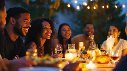 Diverse group of people enjoying outdoor dinner party with friends, laughing and celebrating. Celebration with friends and food.