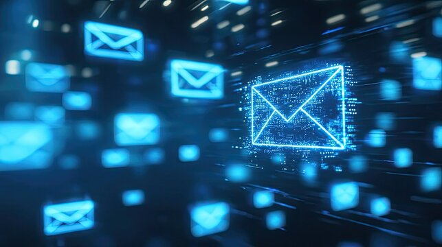 Sending secure electronic mail messages across digital networks with bright blue neon email icons and dark technological