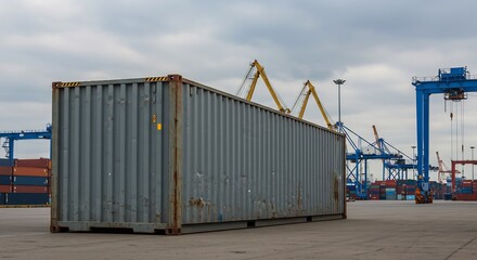 Fototapeta premium Shipping Container at Industrial Port Terminal Under Cloudy Sky