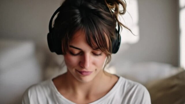 Engaging Moment of a Young Woman Enjoying Music With Headphones in a Cozy Bedroom Setting During the Day