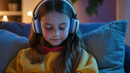 Girl with headphones listening to music on smartphone, relaxing on sofa at home. - Powered by Adobe