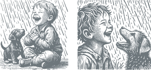 Vintage engraving style woodcut vector illustration of a joyful little boy laughing with his playful puppy in the rain – hand-drawn line art scene for editorial, decor, children book design