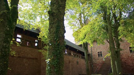 Overview of a quiet medieval courtyard enclosed by ivy-covered stone walls and tall trees, with a staircase leading to the castle and golden autumn leaves scattered across the ground. - Powered by Adobe